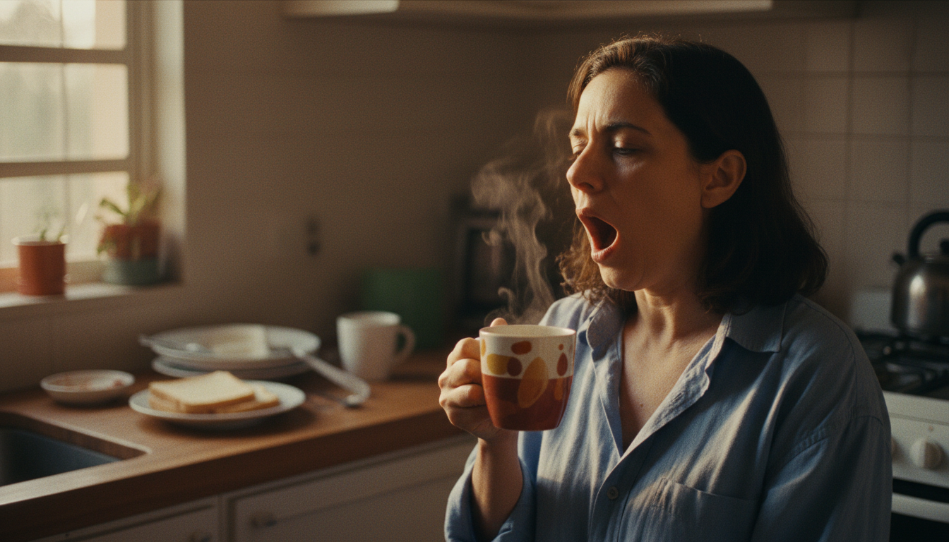 Mulher cansada tomando café